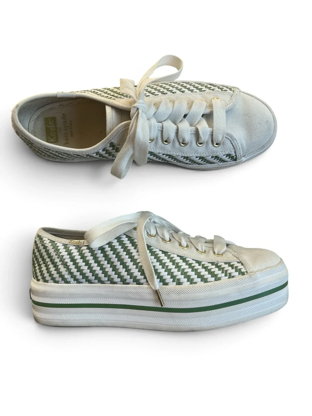 kate spade x Keds White and Green Woven Platform Sneakers